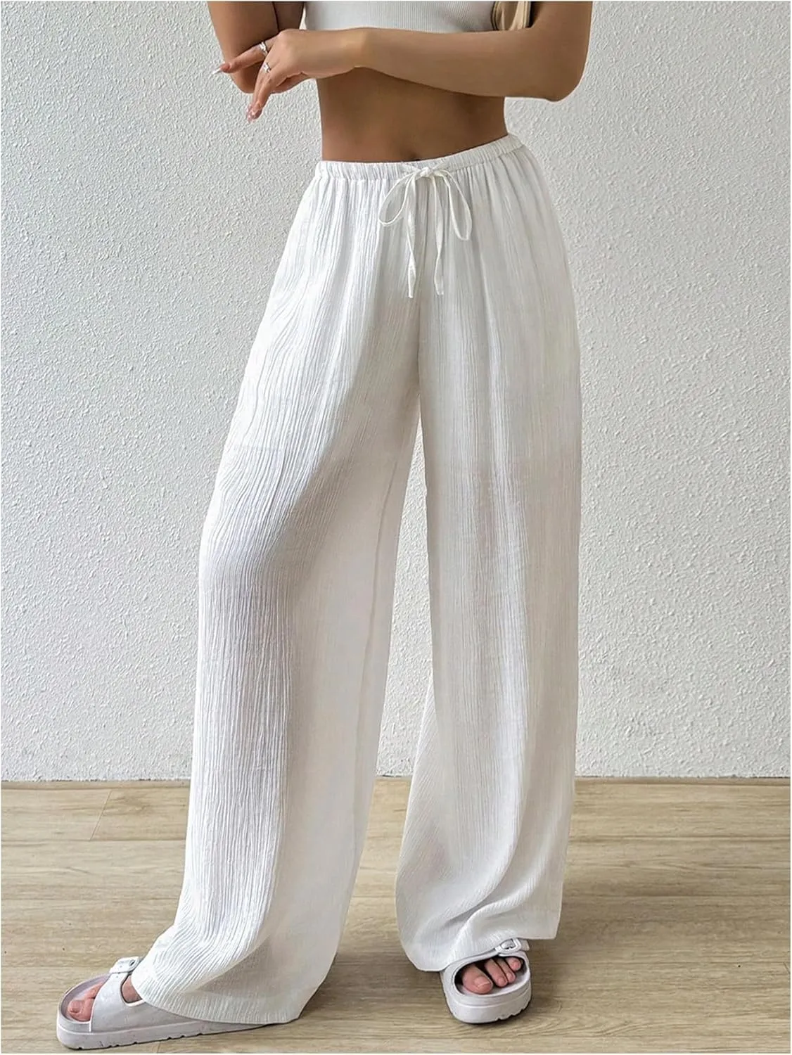 Women's Elastic Drawstring Waist Wide Leg Pants Loose Fit Sheer Cover Up Beach Pants Lounge with Pocket