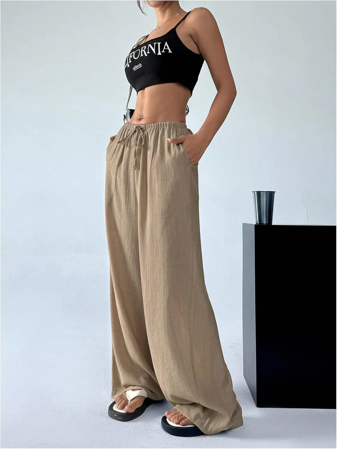 Women's Elastic Drawstring Waist Wide Leg Pants Loose Fit Sheer Cover Up Beach Pants Lounge with Pocket