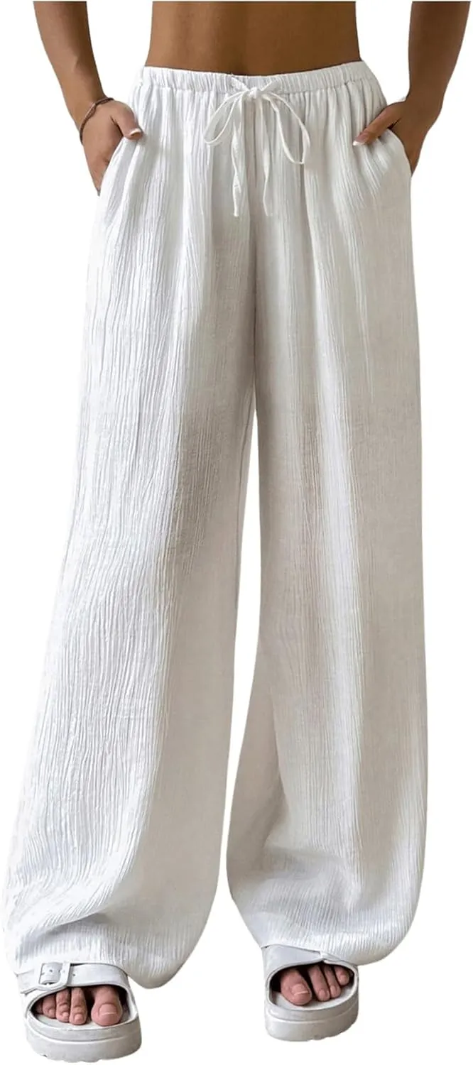 Women's Elastic Drawstring Waist Wide Leg Pants Loose Fit Sheer Cover Up Beach Pants Lounge with Pocket
