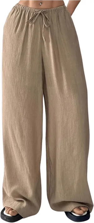 Women's Elastic Drawstring Waist Wide Leg Pants Loose Fit Sheer Cover Up Beach Pants Lounge with Pocket