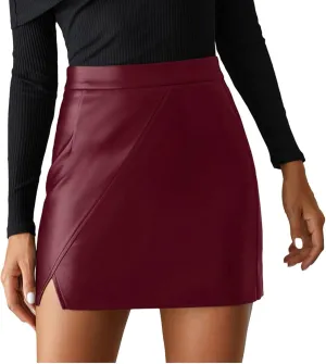 Women's Faux Leather High Waisted Mini Skirt Pu Split Bodycon Shorts Skirts Wrap Around Bed Skirts for Adjustable