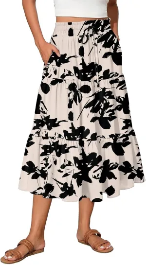 Women's Floral Midi Skirt with Pockets High Elastic Waist Flowy Ruffle Casual Summer Boho Aline Skirts