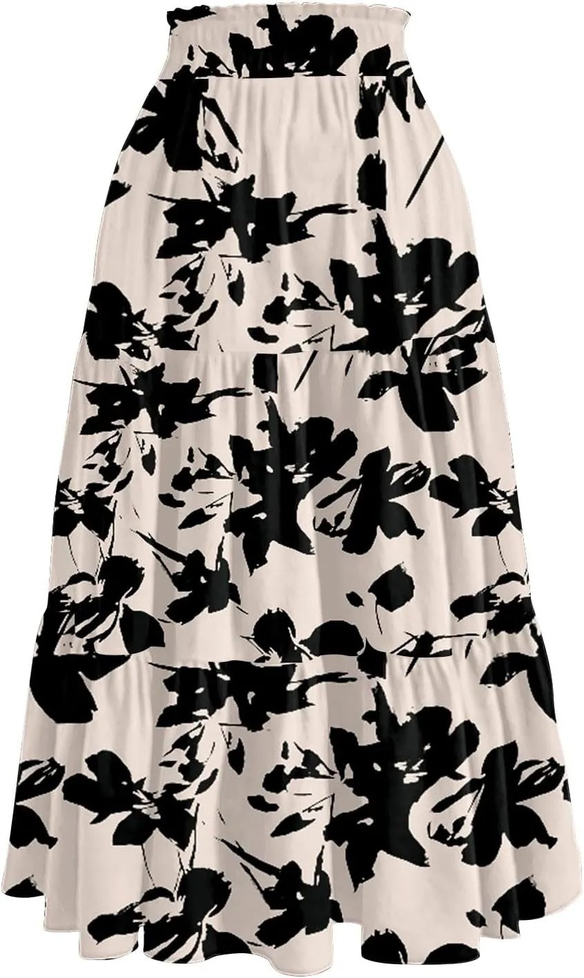 Women's Floral Midi Skirt with Pockets High Elastic Waist Flowy Ruffle Casual Summer Boho Aline Skirts