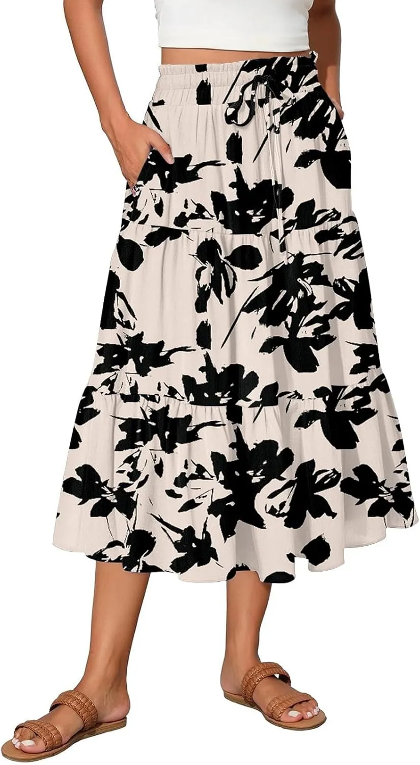 Women's Floral Midi Skirt with Pockets High Elastic Waist Flowy Ruffle Casual Summer Boho Aline Skirts