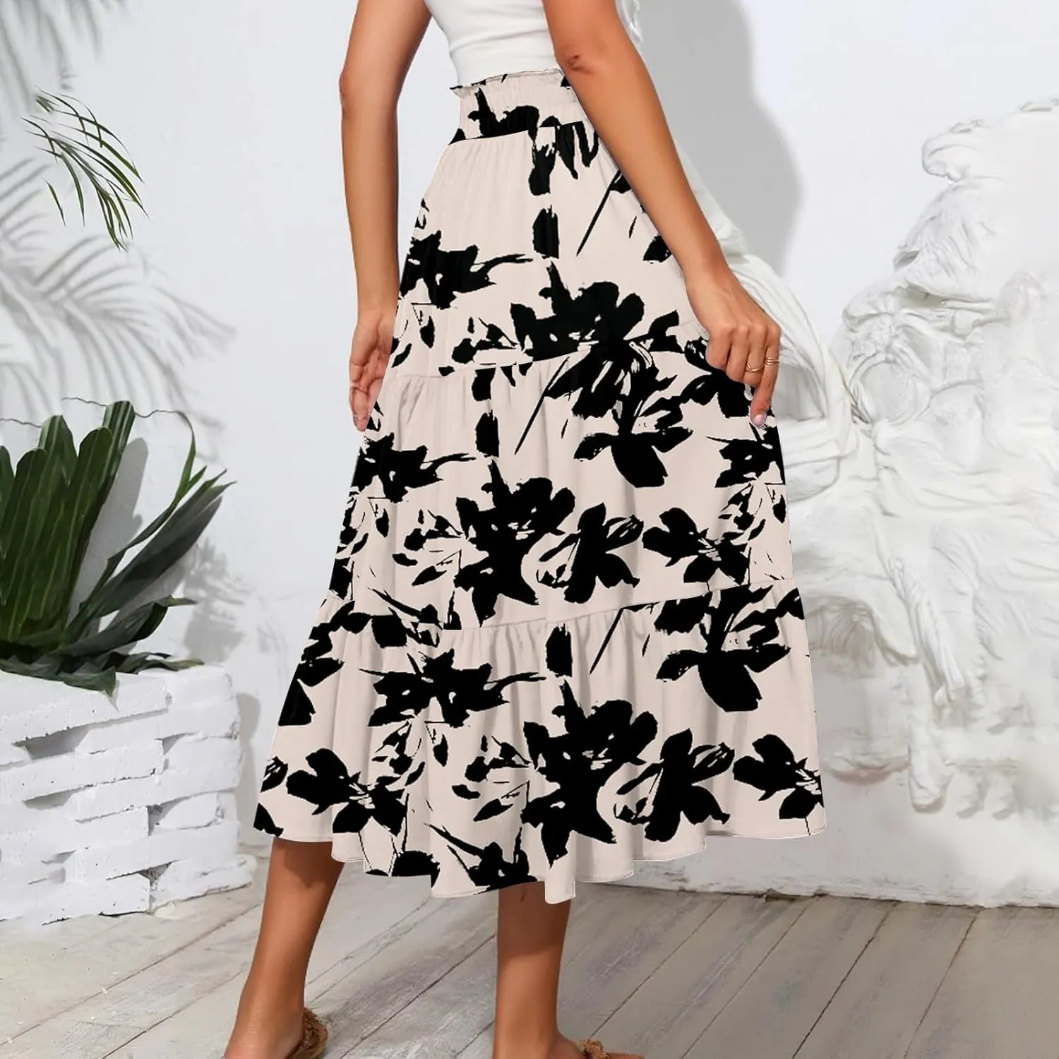 Women's Floral Midi Skirt with Pockets High Elastic Waist Flowy Ruffle Casual Summer Boho Aline Skirts