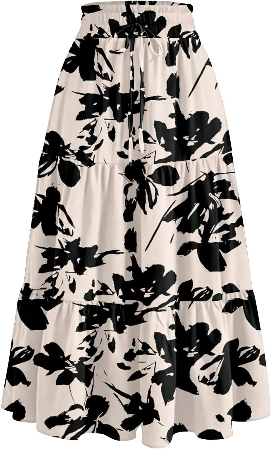 Women's Floral Midi Skirt with Pockets High Elastic Waist Flowy Ruffle Casual Summer Boho Aline Skirts