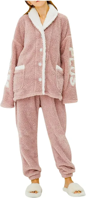 Womens Fluffy Loungewear Sleepwear Lounge Casual Pajamas Set Loose Long Sleeve Fleece Pullover Pants Set with Pockets B- Pink