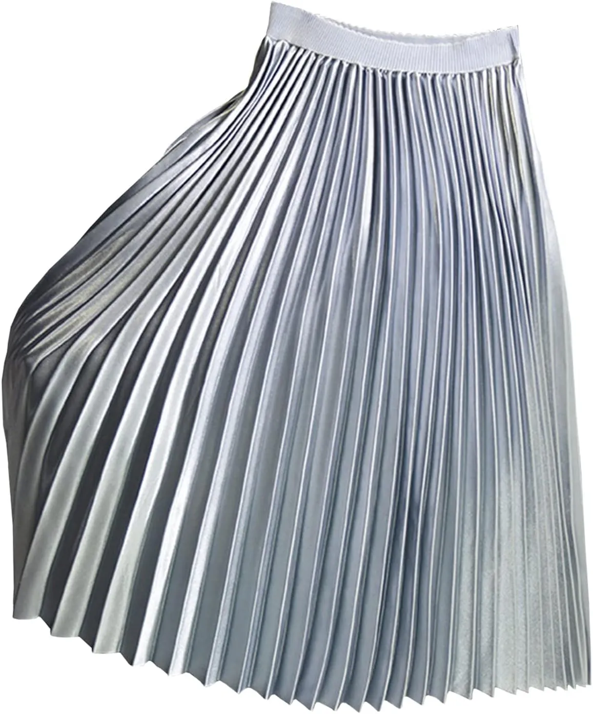 Women's High Elastic Waist Metallic Shiny Accordion A-line Pleated Long Midi Skirt