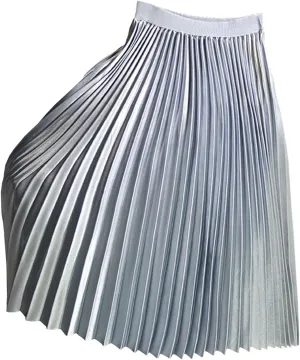 Women's High Elastic Waist Metallic Shiny Accordion A-line Pleated Long Midi Skirt