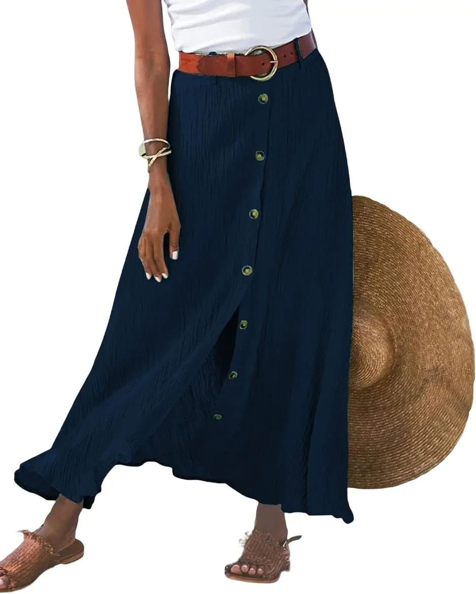 Womens Linen Button Down High Waist A Line Long Skirt Flowy Lightweight Slit Beach Maxi Skirt