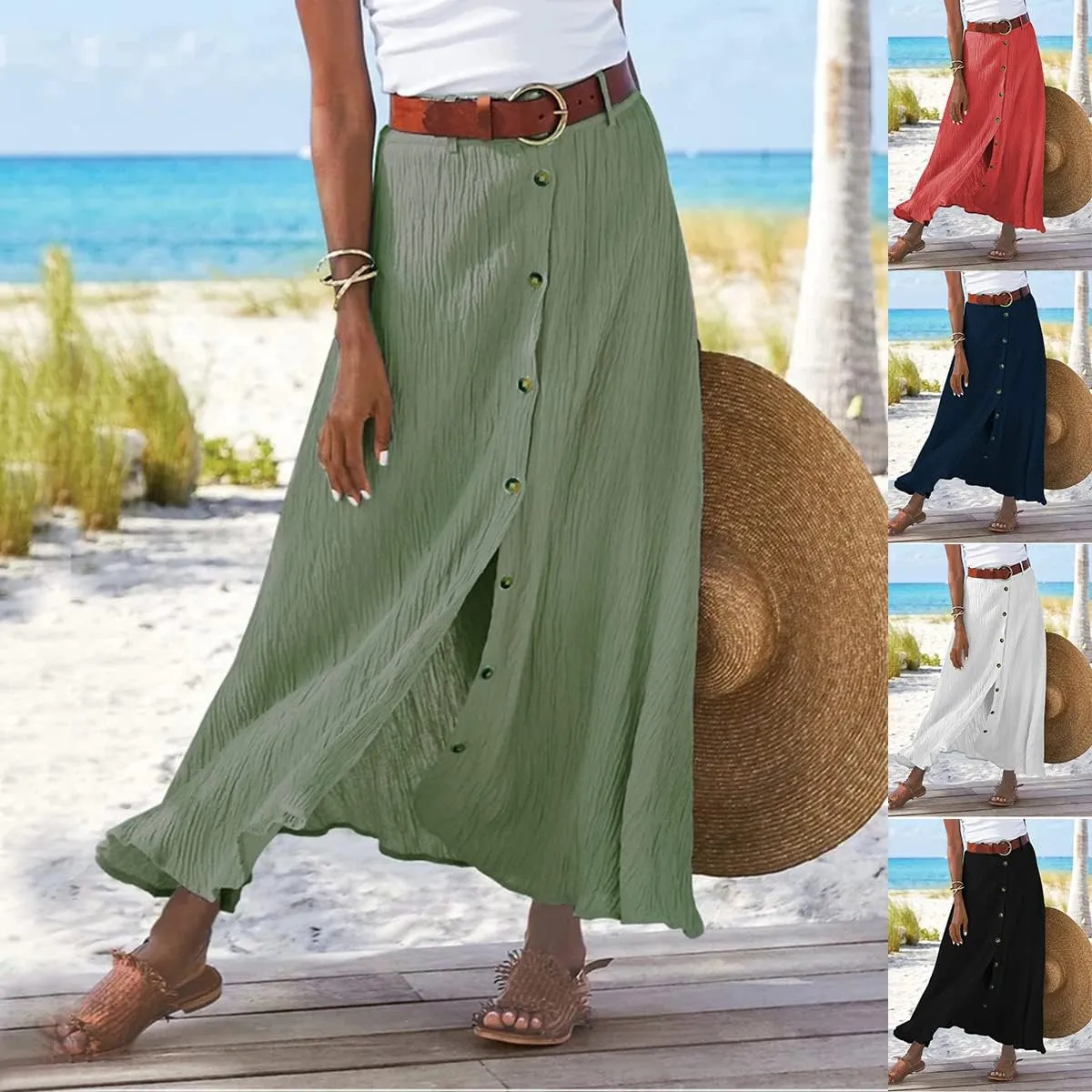 Womens Linen Button Down High Waist A Line Long Skirt Flowy Lightweight Slit Beach Maxi Skirt