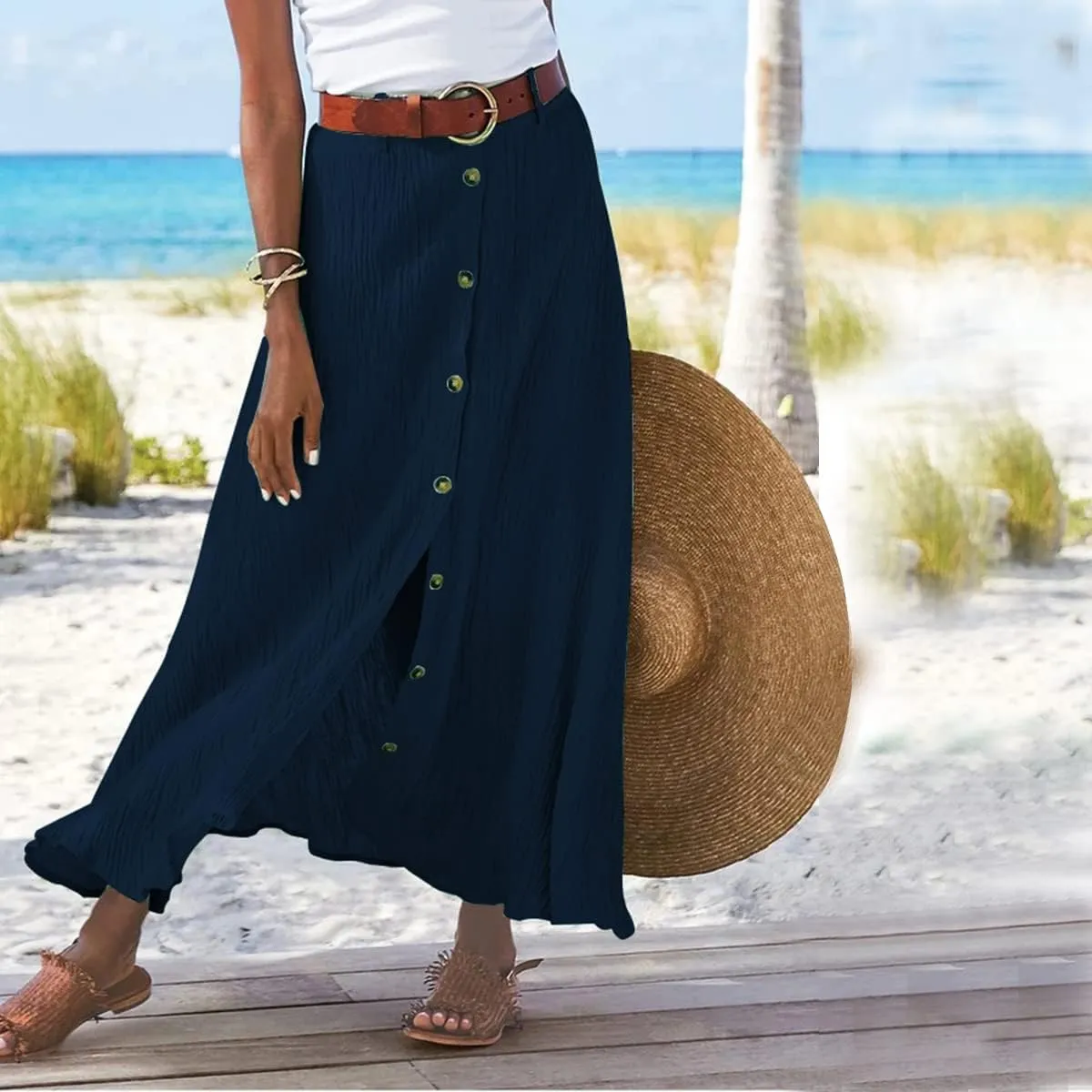 Womens Linen Button Down High Waist A Line Long Skirt Flowy Lightweight Slit Beach Maxi Skirt