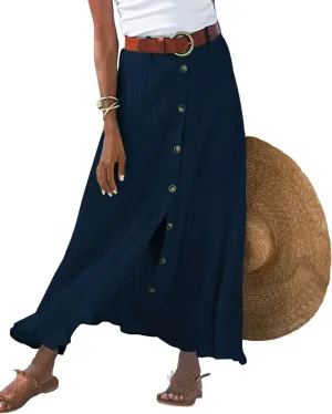 Womens Linen Button Down High Waist A Line Long Skirt Flowy Lightweight Slit Beach Maxi Skirt