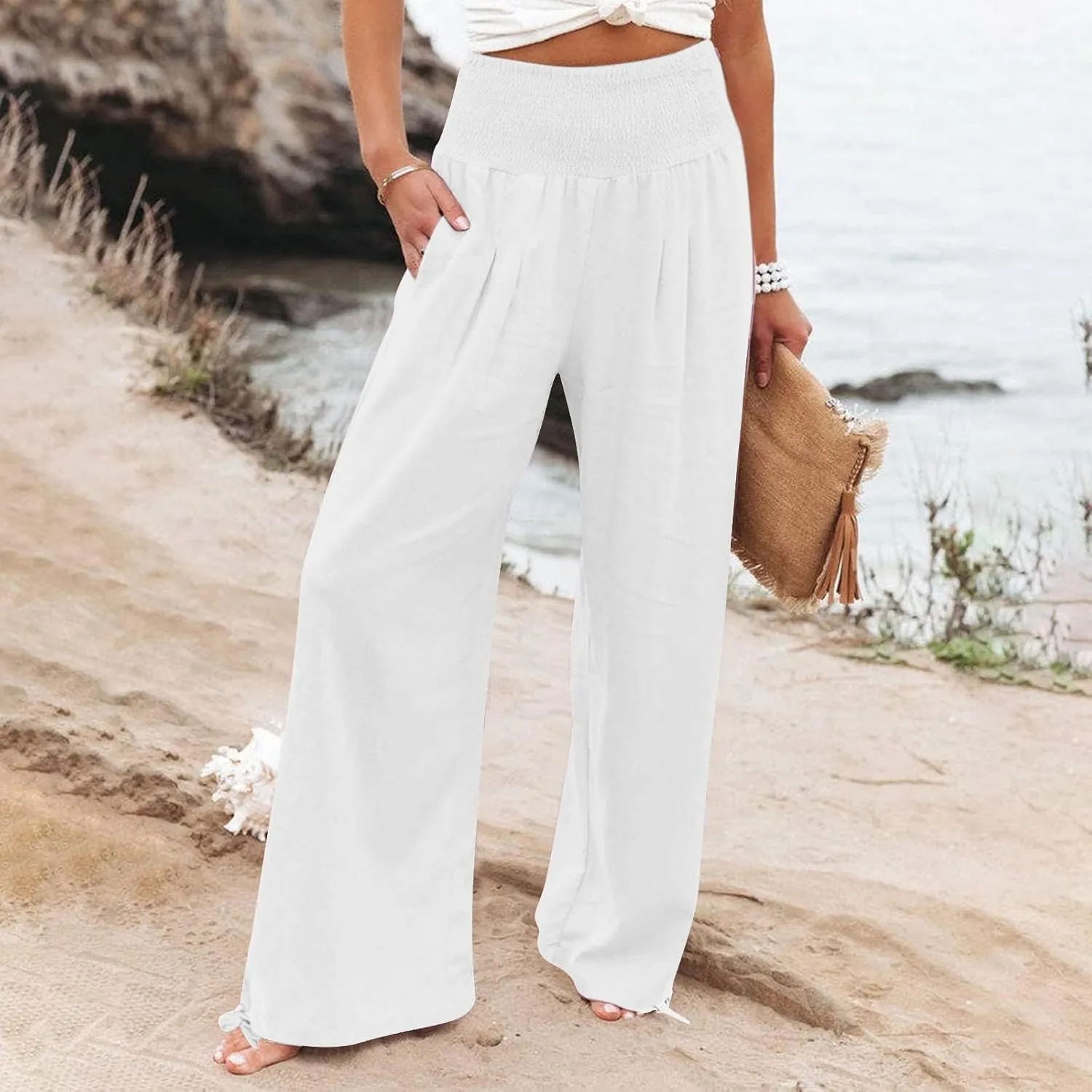 Womens Linen Pants Summer Casual Loose Wide Leg Palazzo Pants Smocked High Waist Flowy Beach Trousers Outfits