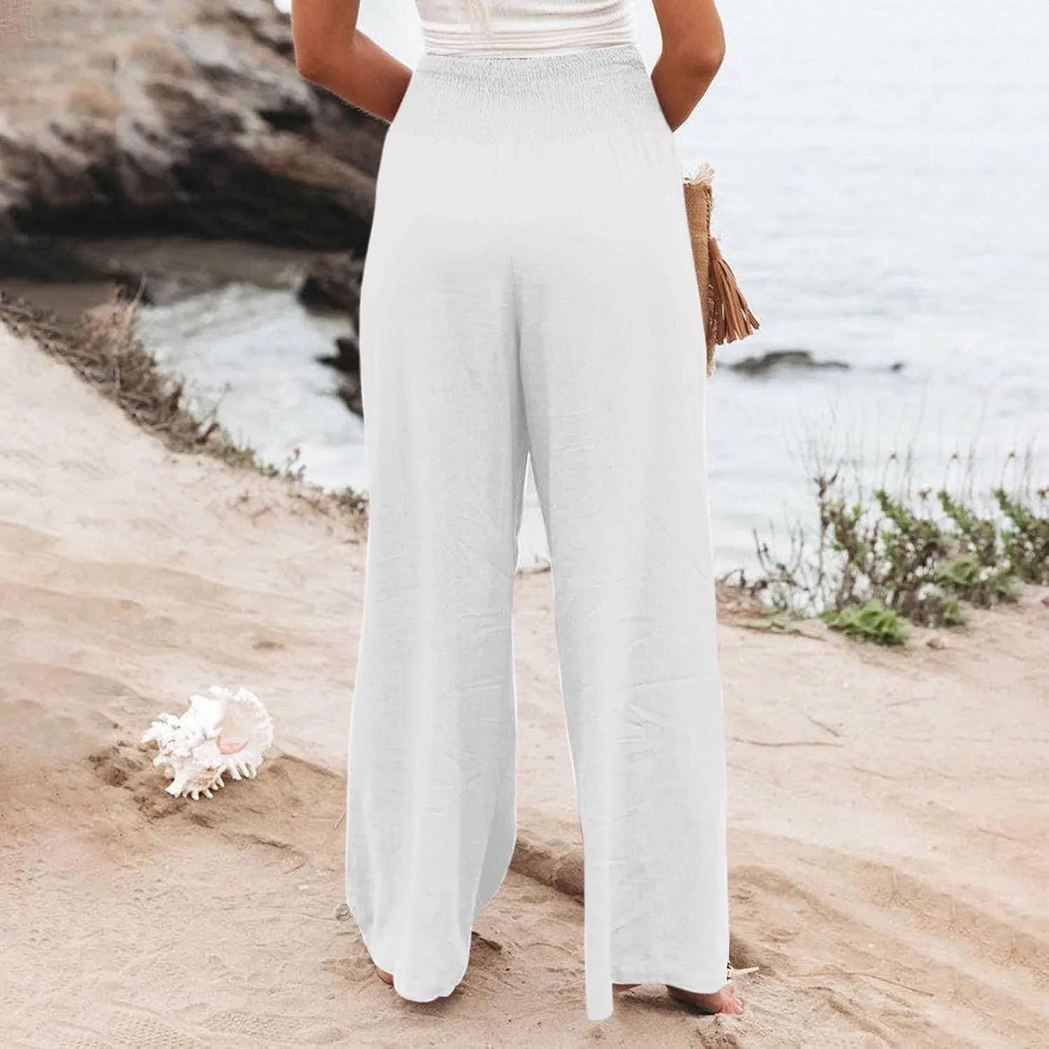 Womens Linen Pants Summer Casual Loose Wide Leg Palazzo Pants Smocked High Waist Flowy Beach Trousers Outfits