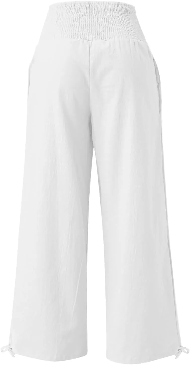 Womens Linen Pants Summer Casual Loose Wide Leg Palazzo Pants Smocked High Waist Flowy Beach Trousers Outfits