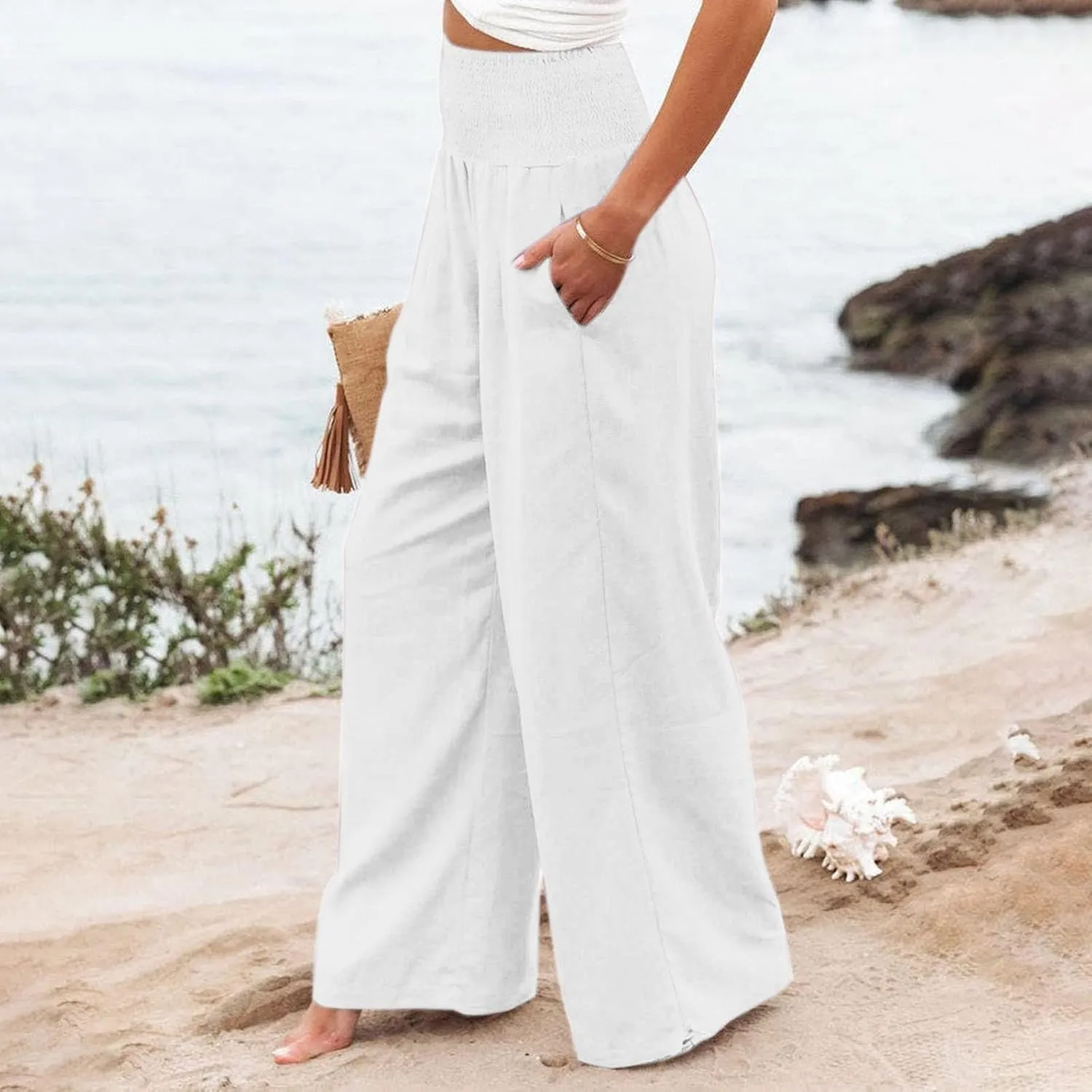 Womens Linen Pants Summer Casual Loose Wide Leg Palazzo Pants Smocked High Waist Flowy Beach Trousers Outfits