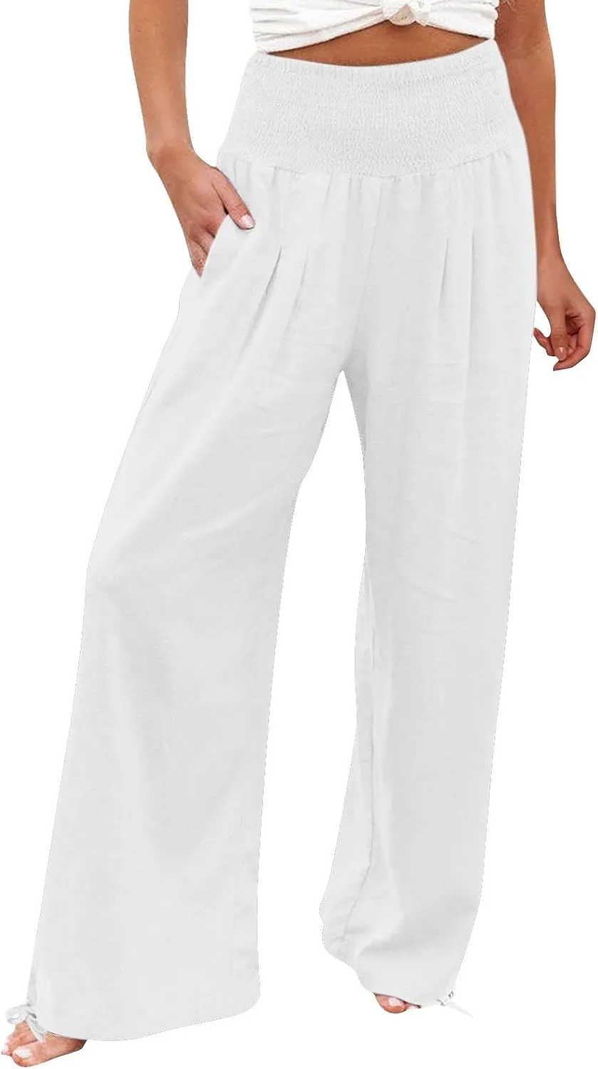Womens Linen Pants Summer Casual Loose Wide Leg Palazzo Pants Smocked High Waist Flowy Beach Trousers Outfits