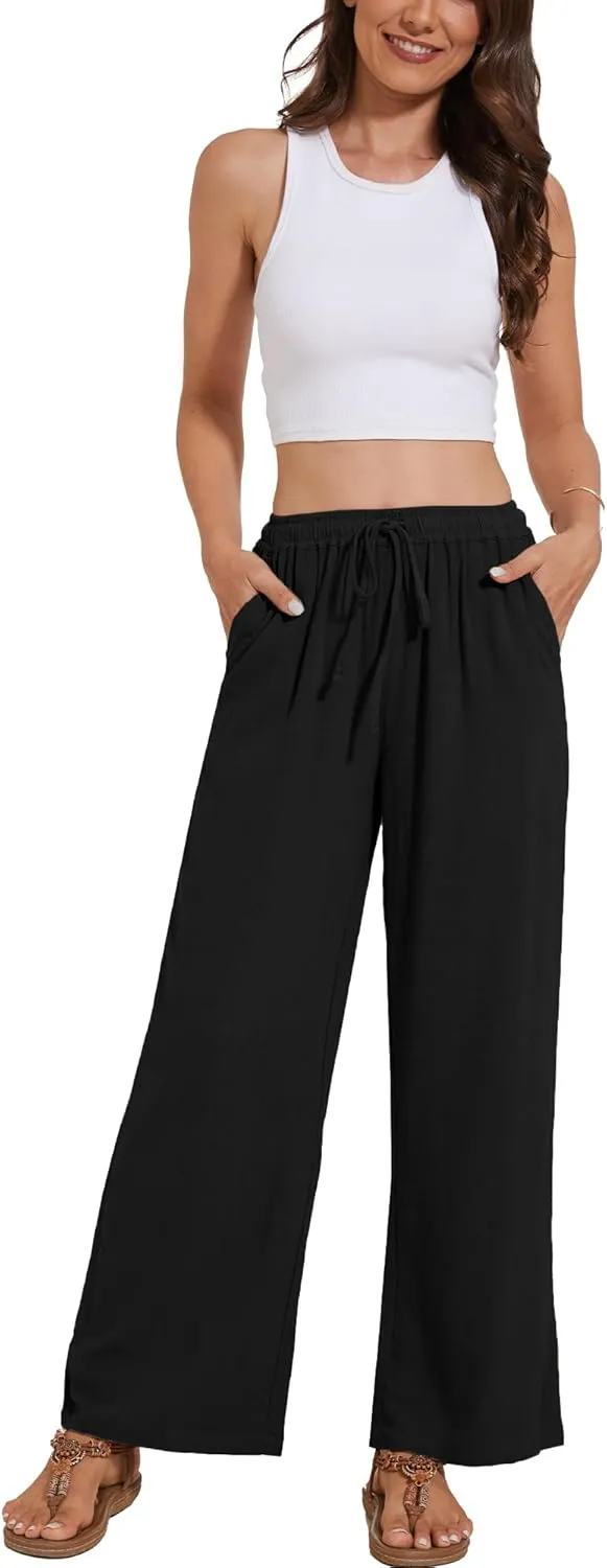 Women's Linen Pants Wide Leg High Waisted Drawstring Summer Beach Vacation Casual Pants with Pockets
