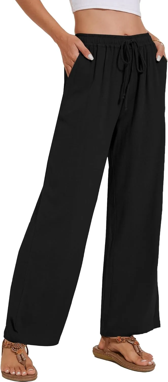 Women's Linen Pants Wide Leg High Waisted Drawstring Summer Beach Vacation Casual Pants with Pockets