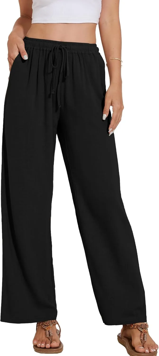 Women's Linen Pants Wide Leg High Waisted Drawstring Summer Beach Vacation Casual Pants with Pockets