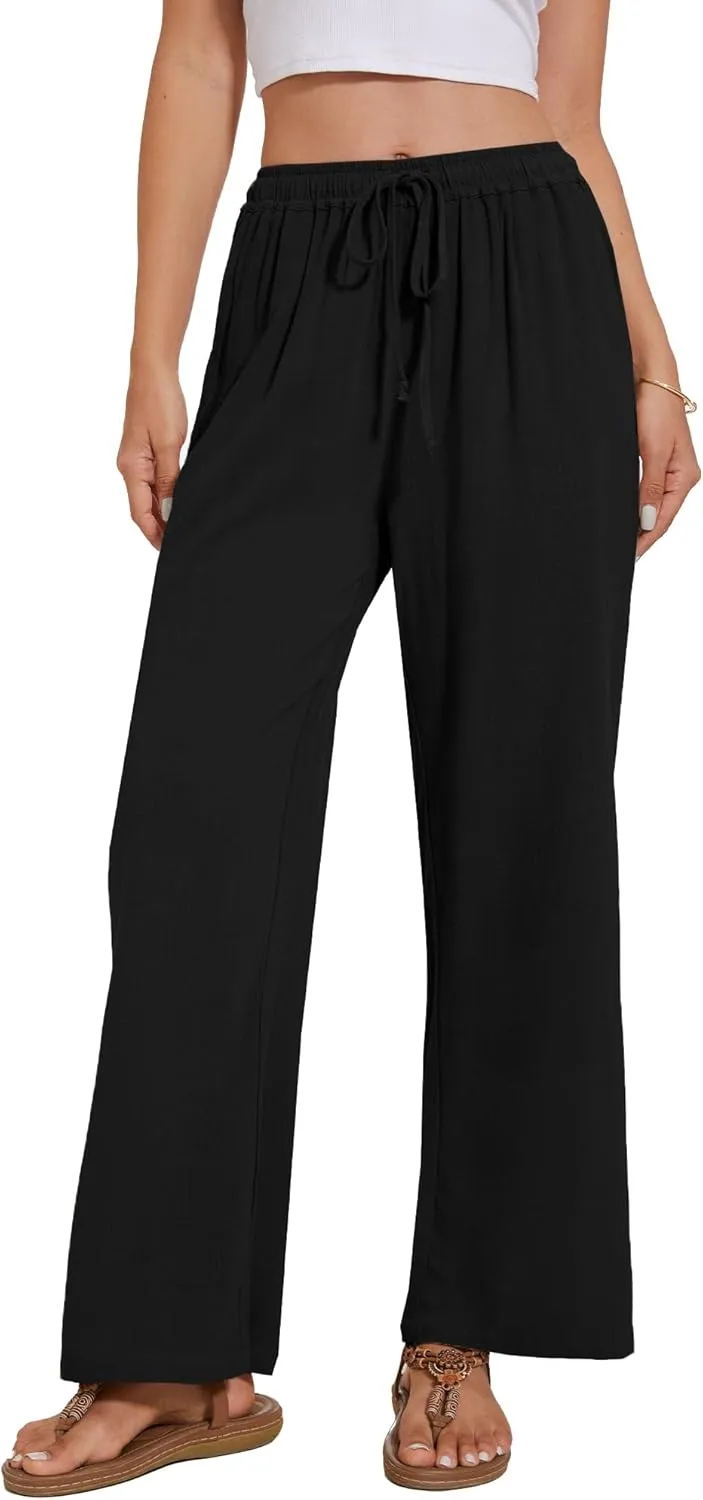 Women's Linen Pants Wide Leg High Waisted Drawstring Summer Beach Vacation Casual Pants with Pockets