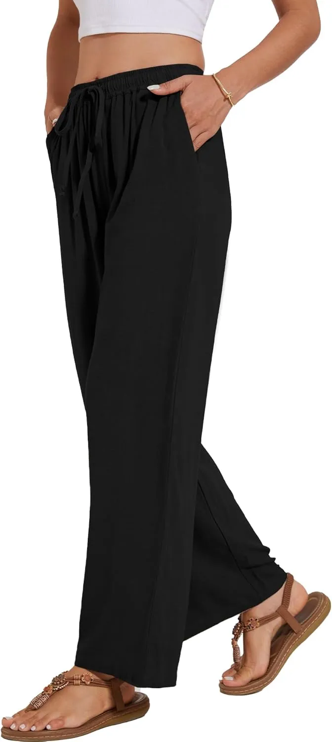 Women's Linen Pants Wide Leg High Waisted Drawstring Summer Beach Vacation Casual Pants with Pockets