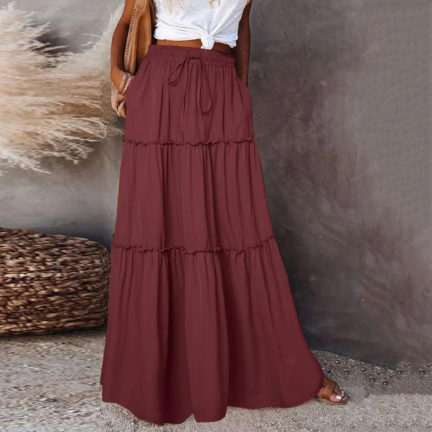 Womens Loose Long High Elastic Waist with Pockets and Belt Maxi Skirt Pleated Skirt Beach Skirt Pocket Pencil