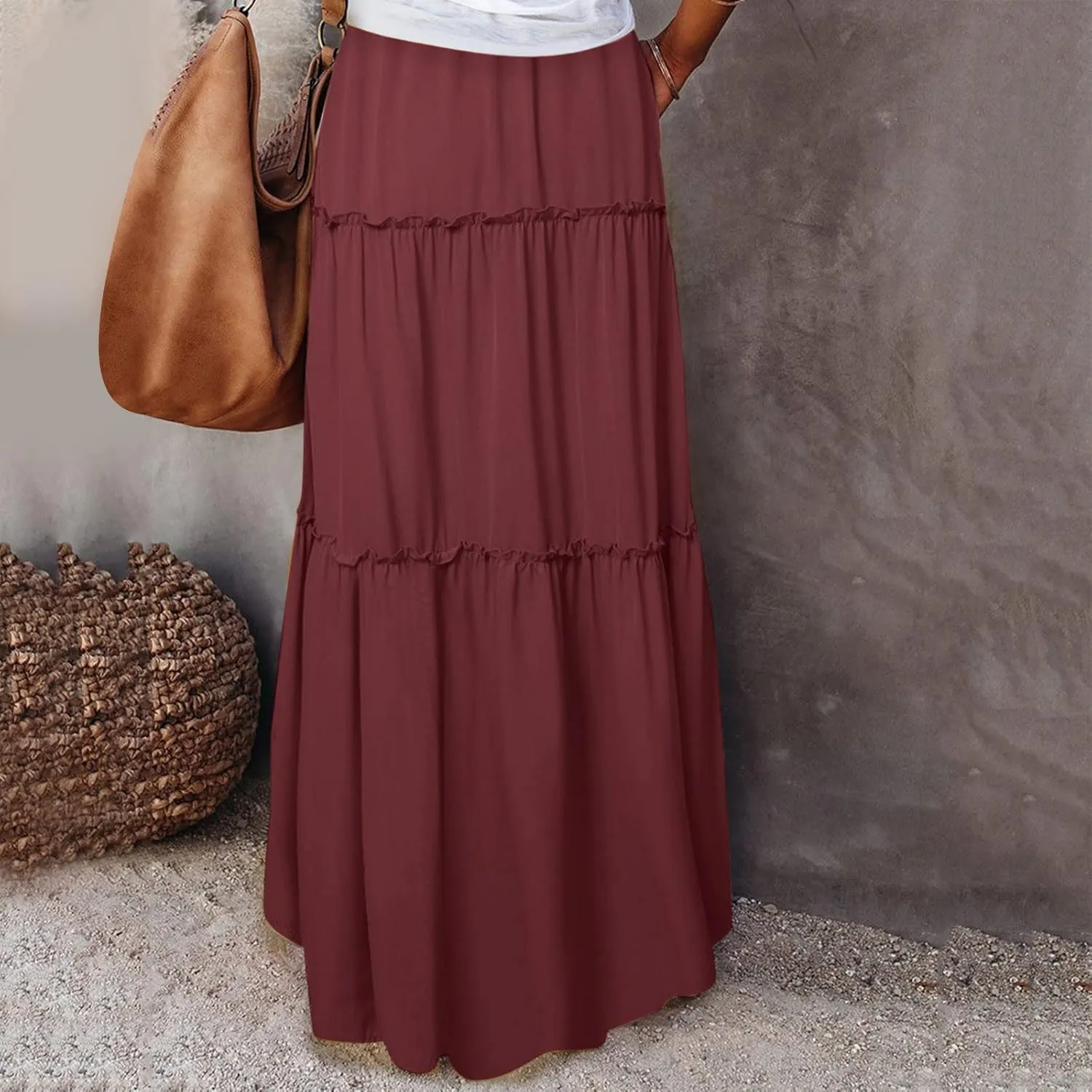 Womens Loose Long High Elastic Waist with Pockets and Belt Maxi Skirt Pleated Skirt Beach Skirt Pocket Pencil