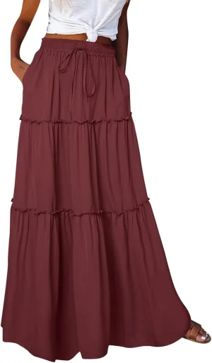 Womens Loose Long High Elastic Waist with Pockets and Belt Maxi Skirt Pleated Skirt Beach Skirt Pocket Pencil