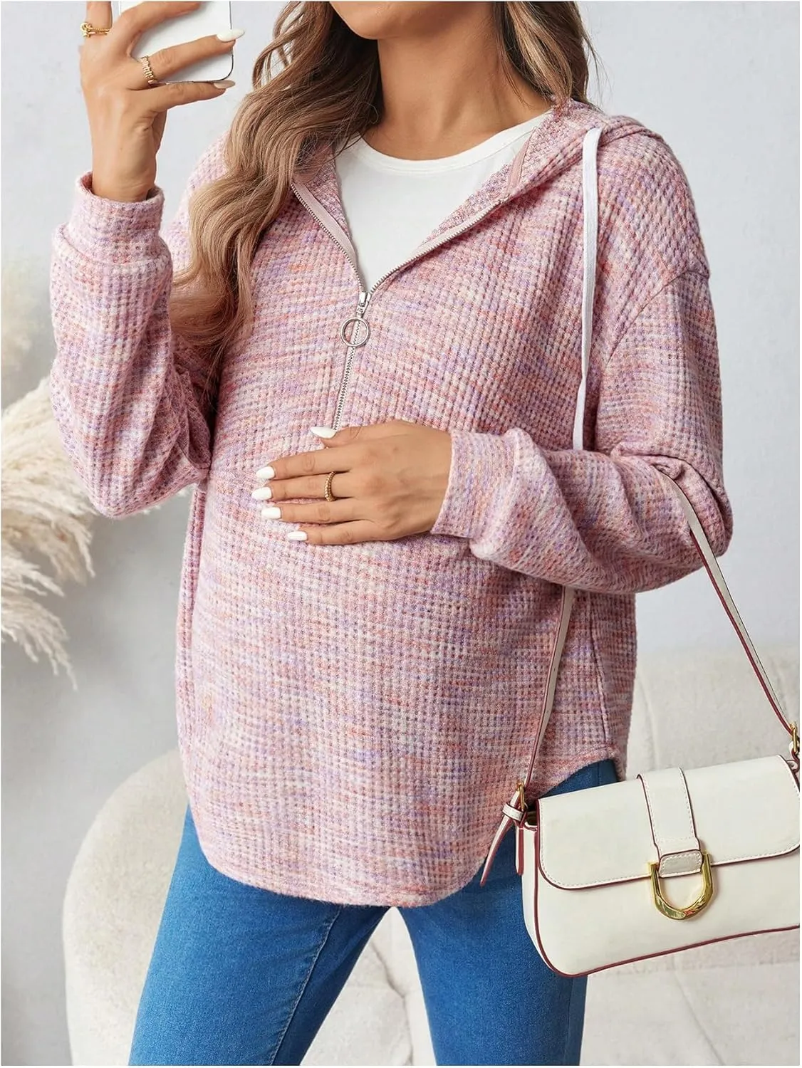 Women's Maternity Half Zip Sweatshirts Long Sleeve Drop Shoulder Drawstring Hoodie