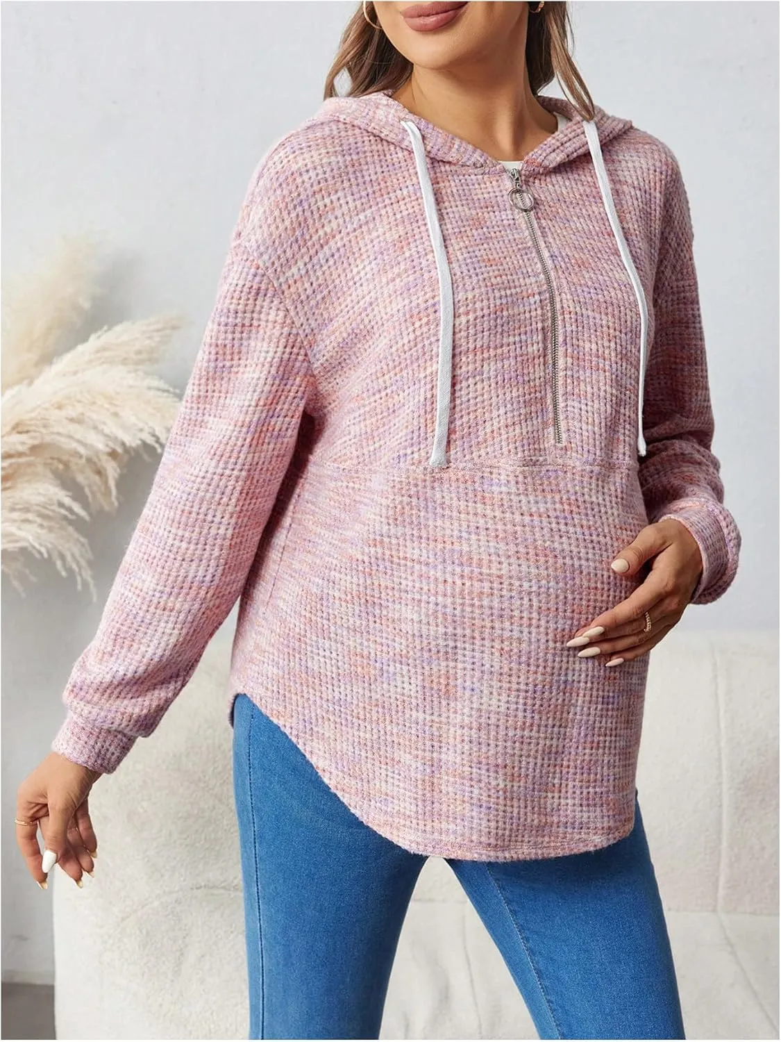 Women's Maternity Half Zip Sweatshirts Long Sleeve Drop Shoulder Drawstring Hoodie