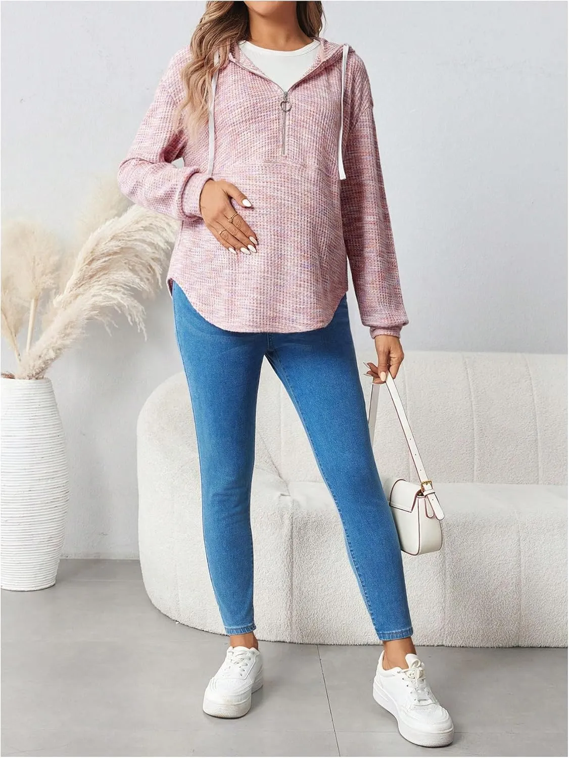 Women's Maternity Half Zip Sweatshirts Long Sleeve Drop Shoulder Drawstring Hoodie
