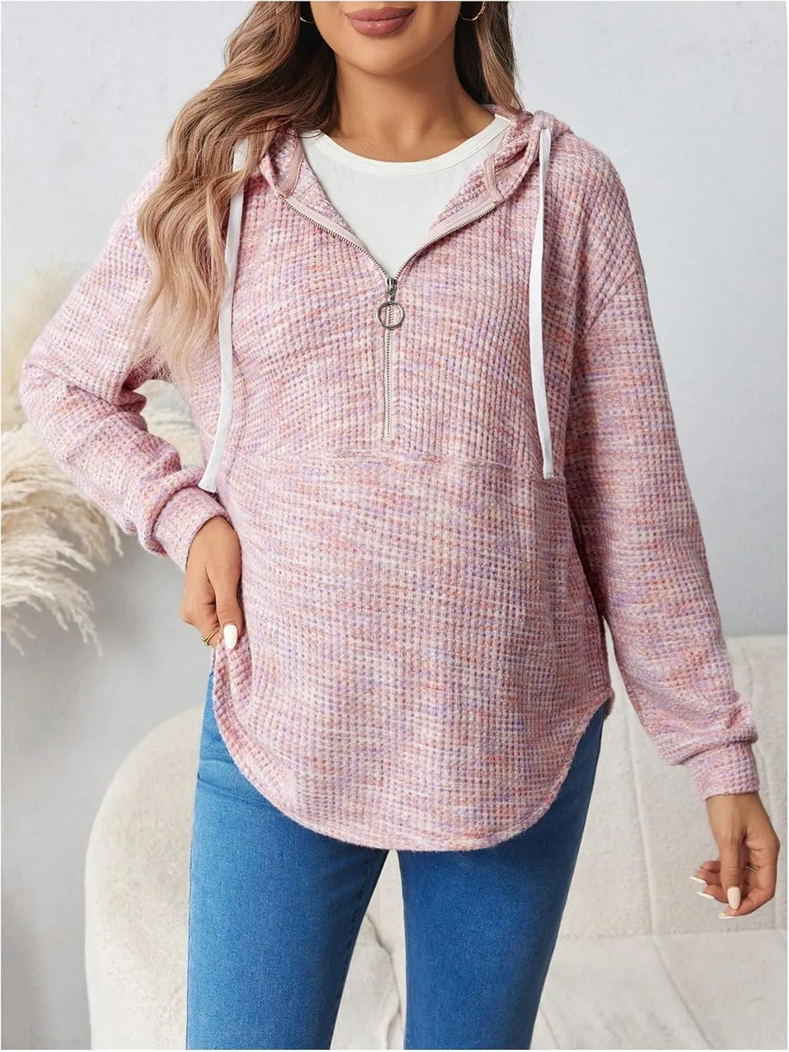Women's Maternity Half Zip Sweatshirts Long Sleeve Drop Shoulder Drawstring Hoodie