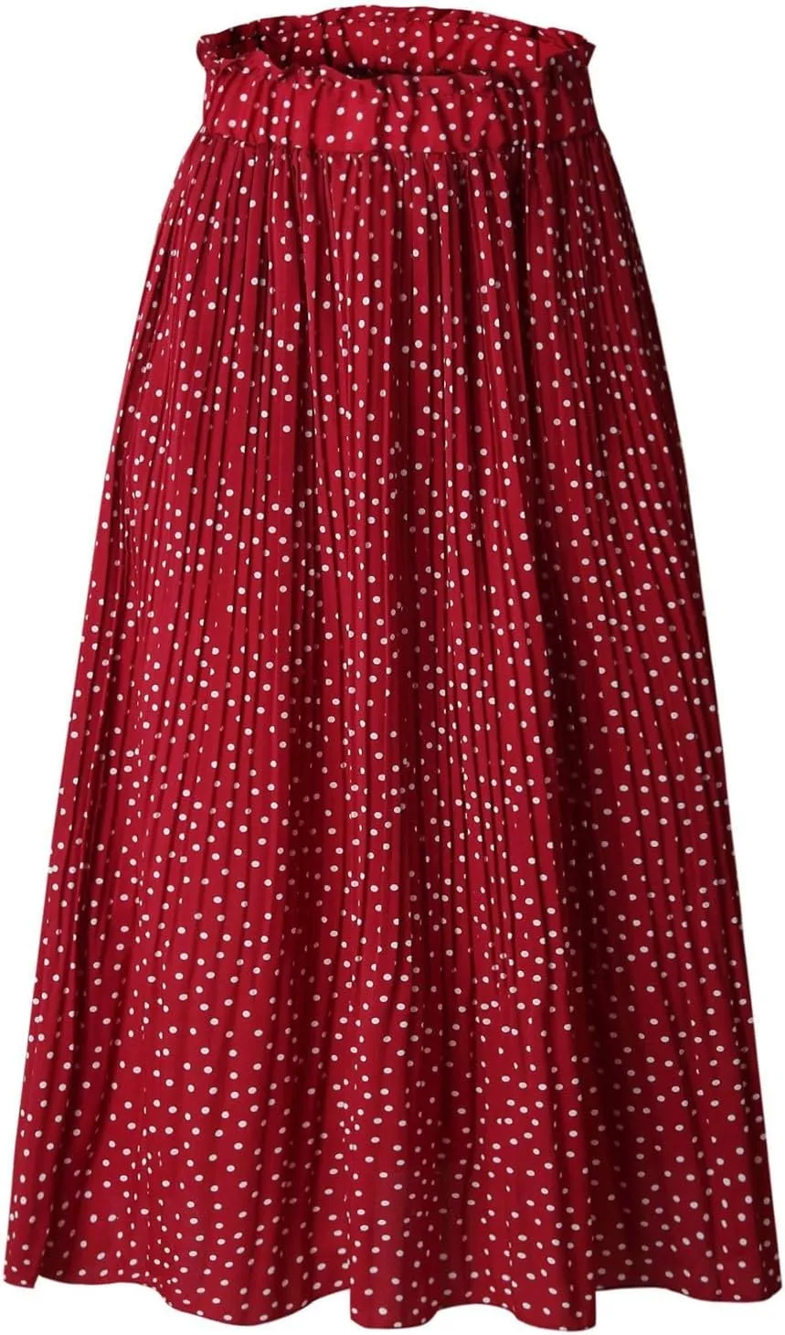 Women's Midi Skirts 2024 Casual High Waist Polka Dot Pleated Skirt Boho A-Line Flowy Skirt with Pockets