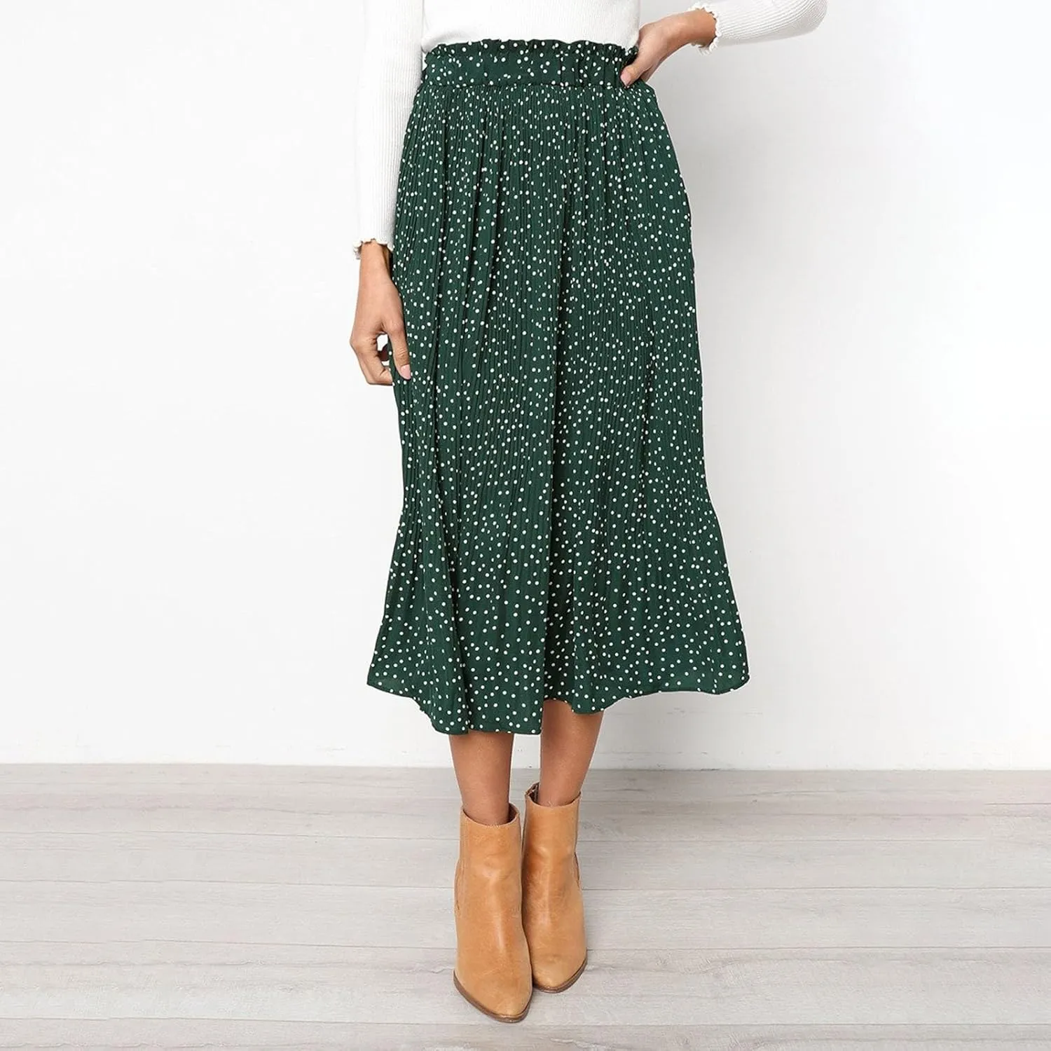 Women's Midi Skirts 2024 Casual High Waist Polka Dot Pleated Skirt Boho A-Line Flowy Skirt with Pockets