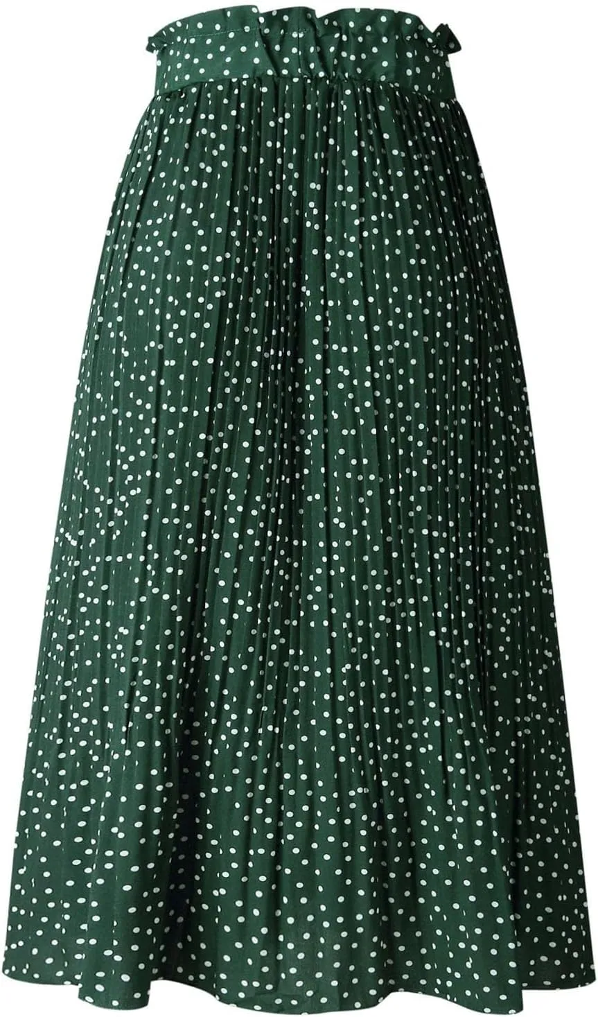 Women's Midi Skirts 2024 Casual High Waist Polka Dot Pleated Skirt Boho A-Line Flowy Skirt with Pockets