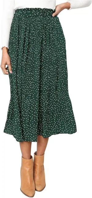 Women's Midi Skirts 2024 Casual High Waist Polka Dot Pleated Skirt Boho A-Line Flowy Skirt with Pockets