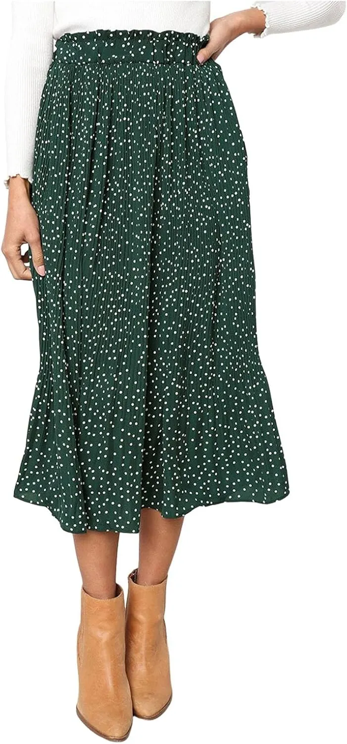 Women's Midi Skirts 2024 Casual High Waist Polka Dot Pleated Skirt Boho A-Line Flowy Skirt with Pockets