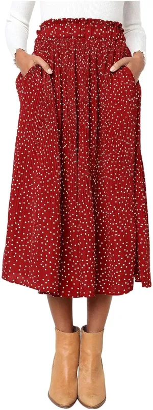 Women's Midi Skirts 2024 Casual High Waist Polka Dot Pleated Skirt Boho A-Line Flowy Skirt with Pockets