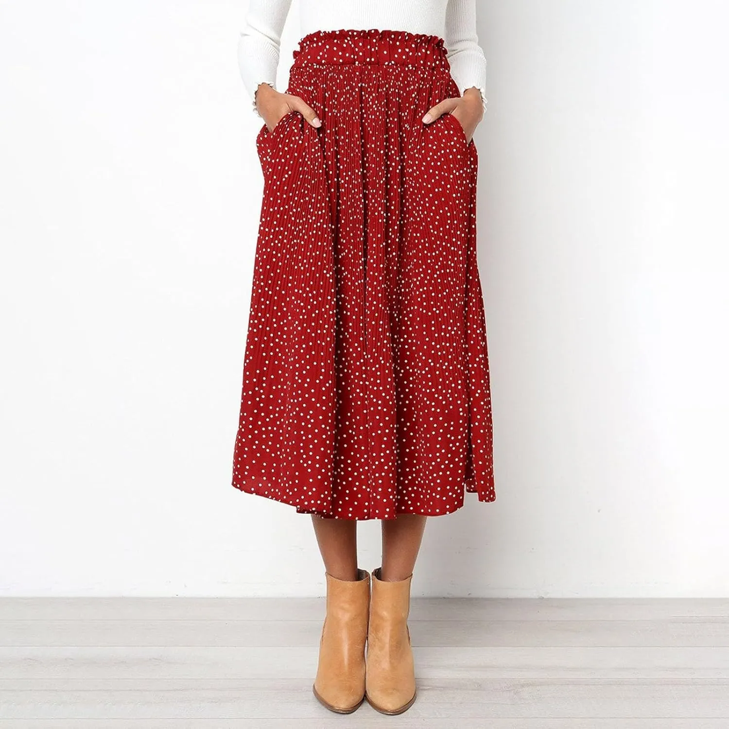 Women's Midi Skirts 2024 Casual High Waist Polka Dot Pleated Skirt Boho A-Line Flowy Skirt with Pockets