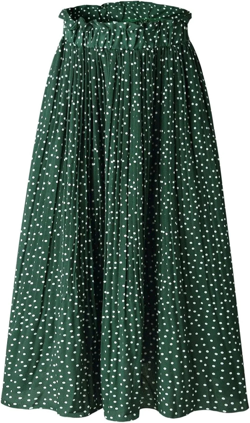 Women's Midi Skirts 2024 Casual High Waist Polka Dot Pleated Skirt Boho A-Line Flowy Skirt with Pockets