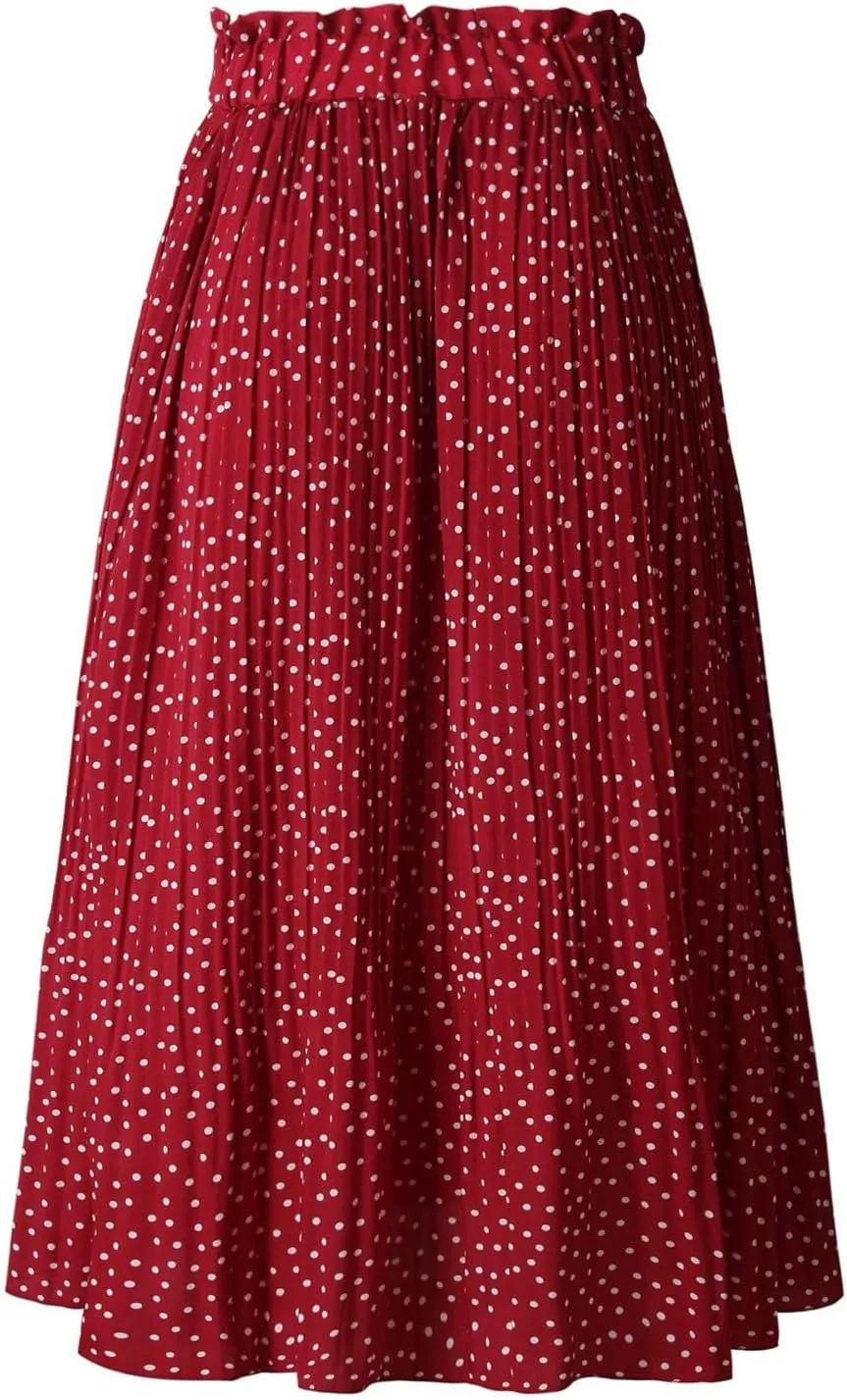 Women's Midi Skirts 2024 Casual High Waist Polka Dot Pleated Skirt Boho A-Line Flowy Skirt with Pockets