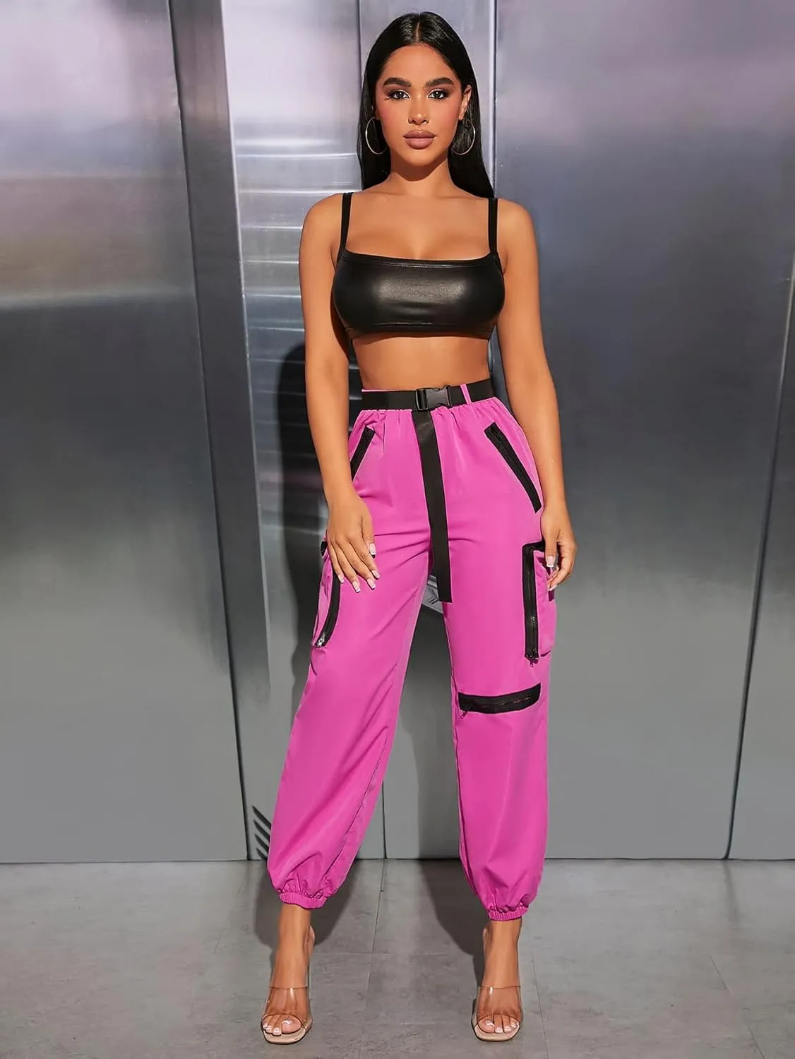Women's Pants Flap Pocket Side Buckled Belted Cargo Pants Women's Pants (Color : Hot Pink, Size : X-Small)