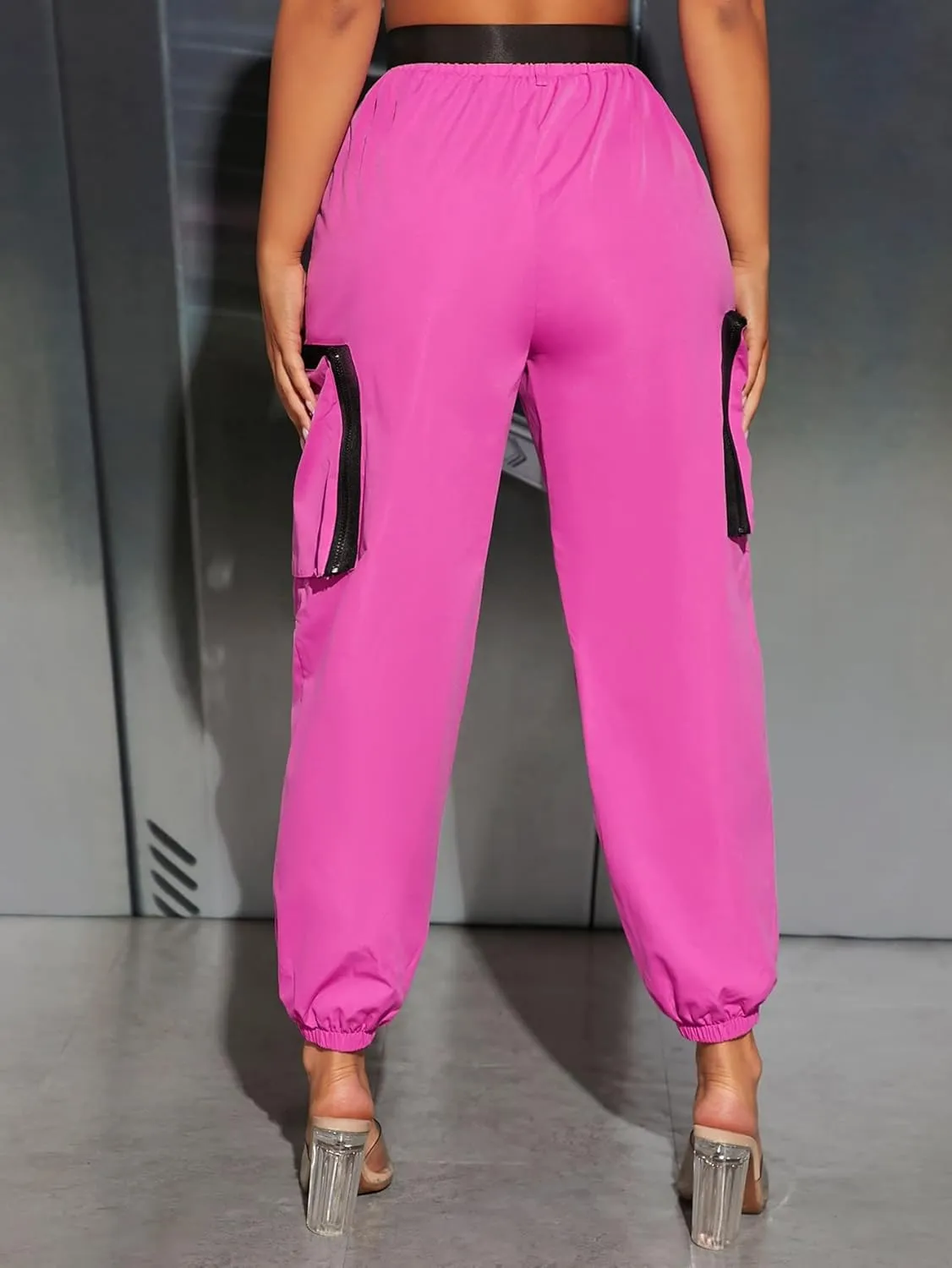 Women's Pants Flap Pocket Side Buckled Belted Cargo Pants Women's Pants (Color : Hot Pink, Size : X-Small)