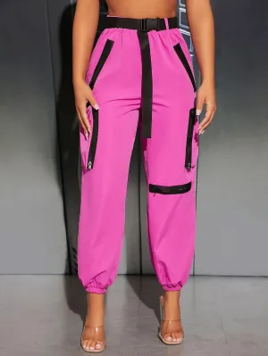 Women's Pants Flap Pocket Side Buckled Belted Cargo Pants Women's Pants (Color : Hot Pink, Size : X-Small)