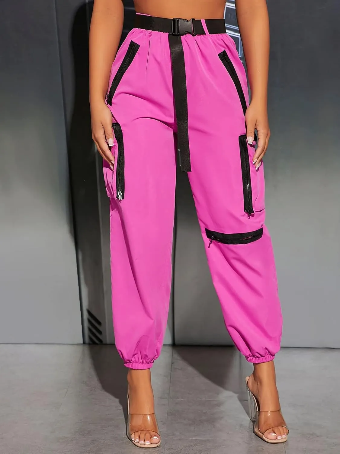 Women's Pants Flap Pocket Side Buckled Belted Cargo Pants Women's Pants (Color : Hot Pink, Size : X-Small)