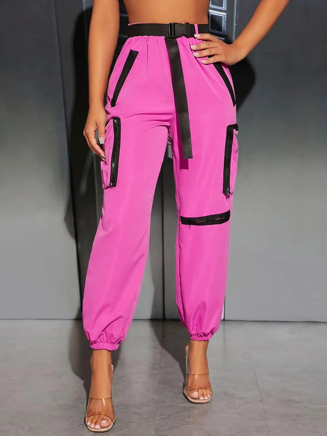 Women's Pants Flap Pocket Side Buckled Belted Cargo Pants Women's Pants (Color : Hot Pink, Size : X-Small)