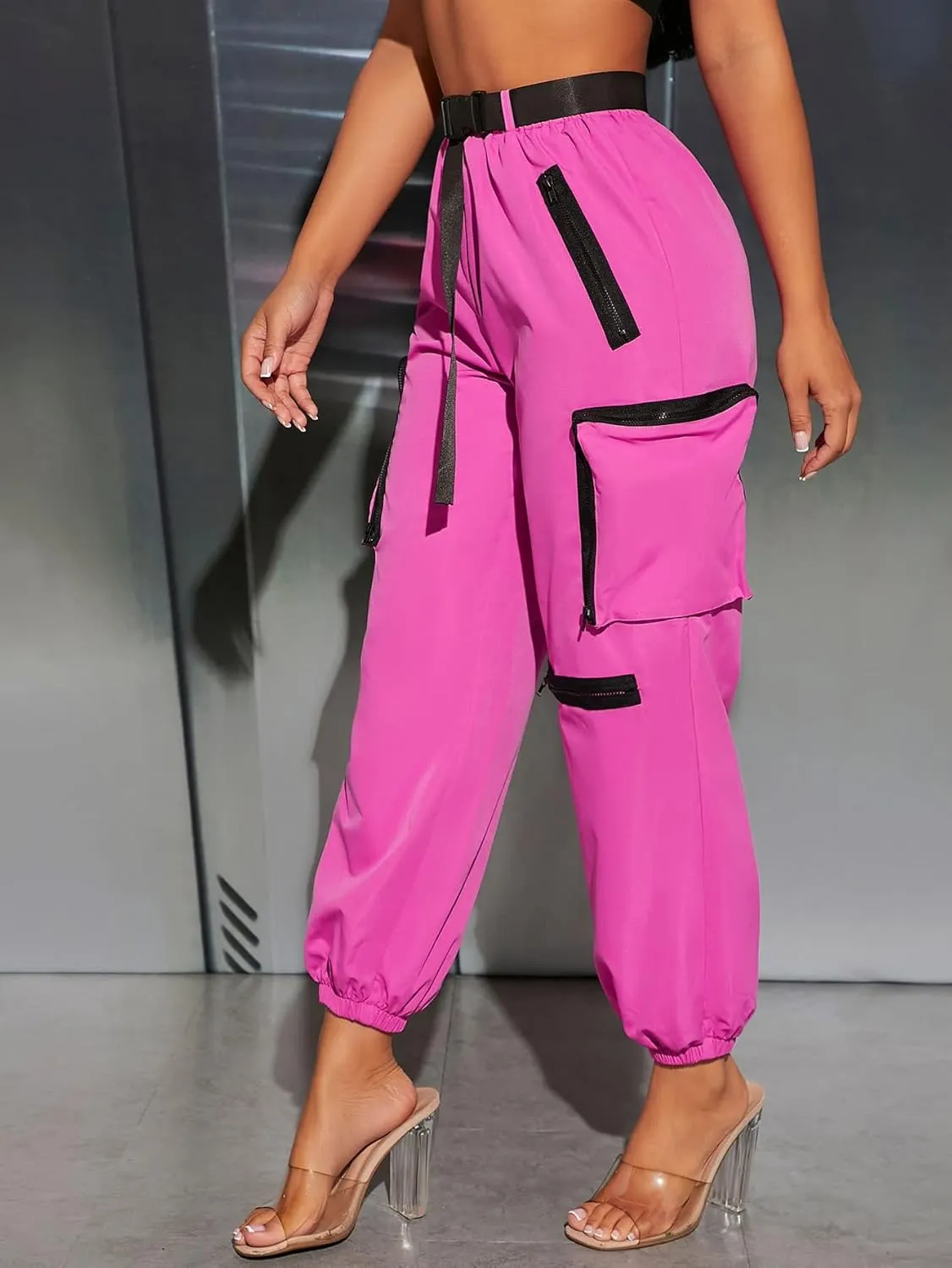 Women's Pants Flap Pocket Side Buckled Belted Cargo Pants Women's Pants (Color : Hot Pink, Size : X-Small)