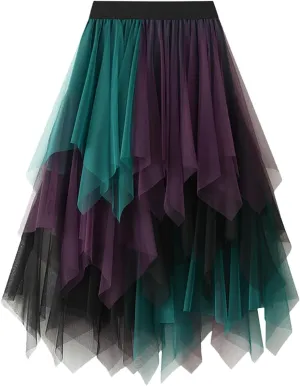 Women's Pleated Tulle Skirt Irregular Underskirt Layered Pleated A-line Midi Skirt for Wedding Party Prom